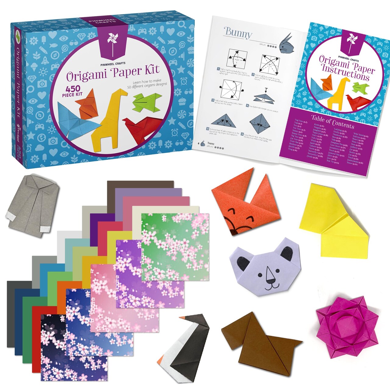 Crafts Origami Kit for Kids Ages 5-8,8-12 | 450 Sheets Origami Paper Kit w/ 50 Projects, 400 Solid Color Paper for Crafts, 50 Japanese Patterns & Guide Book | Christmas Gift for Boys & Girls